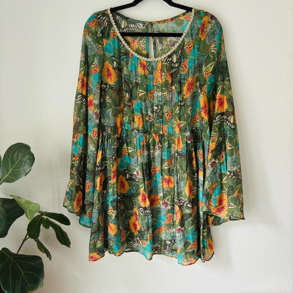 Farm Rio Butterfly Jungle Short Dress Flowey Sleeves mesh top